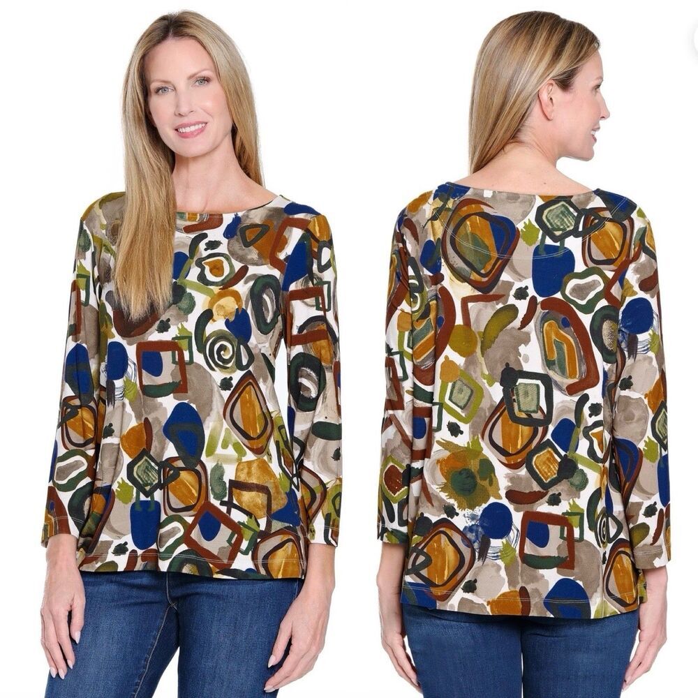 Ali Miles Knit Printed Round Neck 3/4 Sleeve‎ Side Seam Pockets Tunic PL Artsy